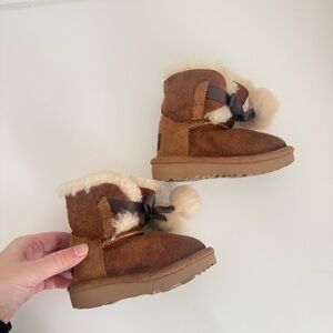UGG Brown Kids Snow Boots with Fluffy Pom-Poms